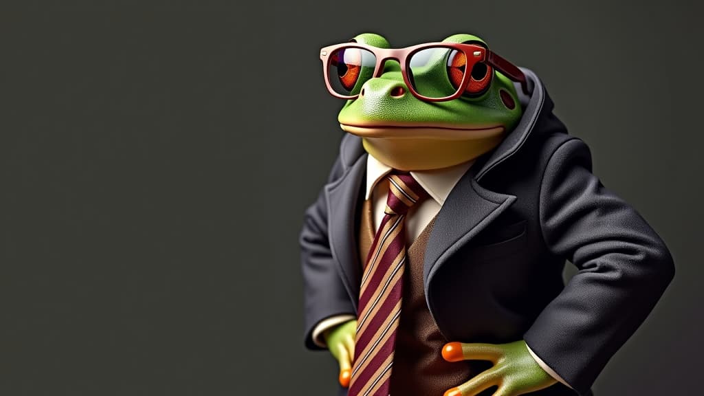  cool looking frog wearing funky fashion dress jacket, tie, glasses. wide banner with space for text left side. stylish animal posing as supermodel.