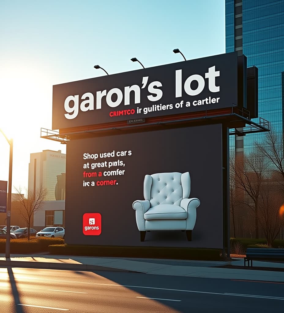  photo of a billboard in chicago, for a car dealer with a car and a chair on it and a that says "garon's lot" in big letters, and "shop used cars at great prices, from a comfy chair in the corner" dynamic lighting, sun glare