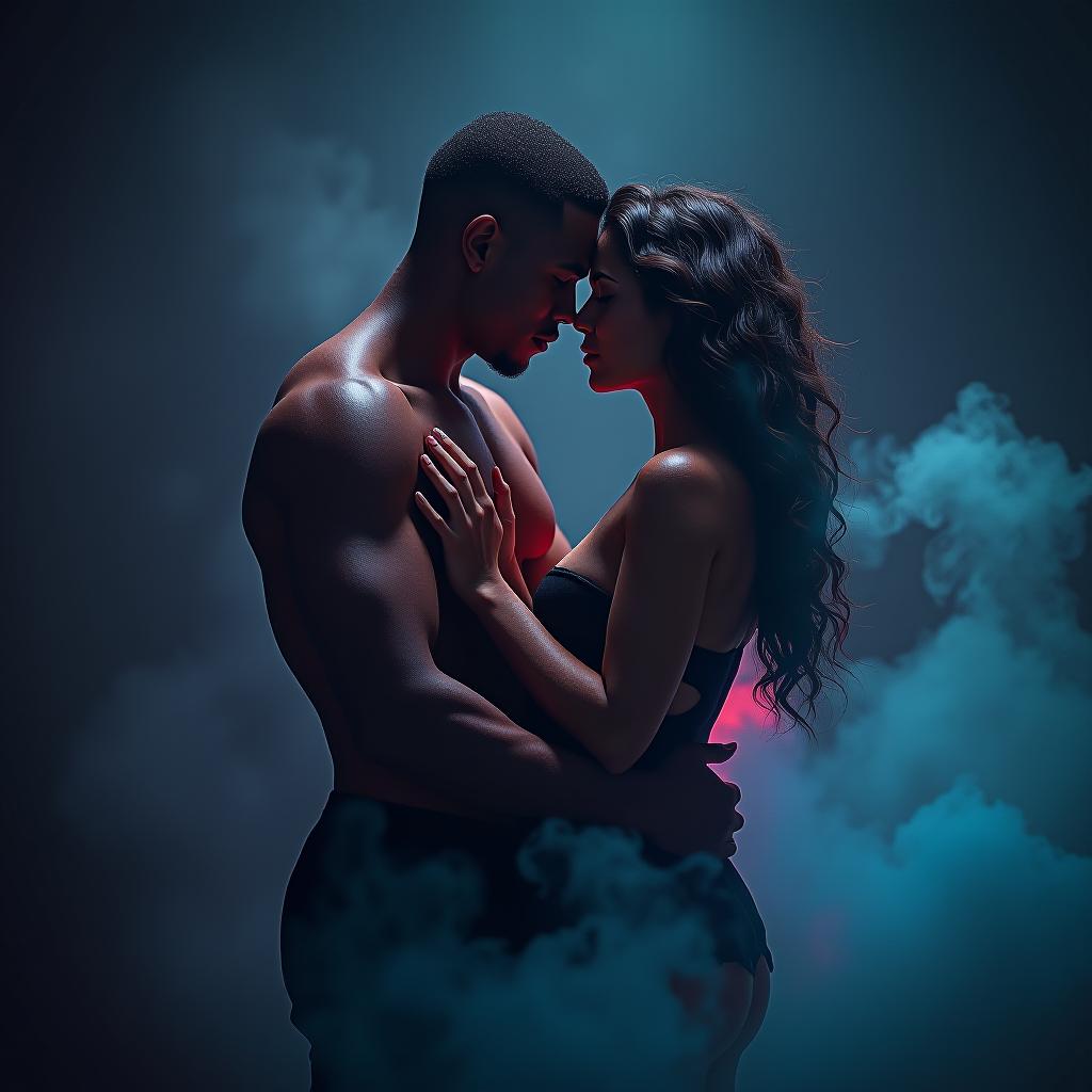  dark skinned couple embracing in love. muscular. ya paranormal fantasy concept. darkness with color burst. mist, smoke, fog. couple in love. glowing light. surreal epic fantasy dystopian love