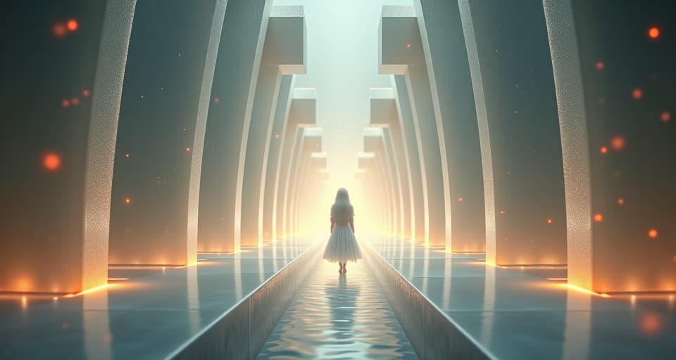  a maze like structure made of shimmering, translucent walls. an ethereal being stands at the center with glowing eyes, soft magical light surrounding them.. the style is digital art illustration,highly detailed, whimsical,magical, dreamlike atmosphere, realism and fantasy blend, smooth, glossy textures,luminous quality, wonder and enchantment.