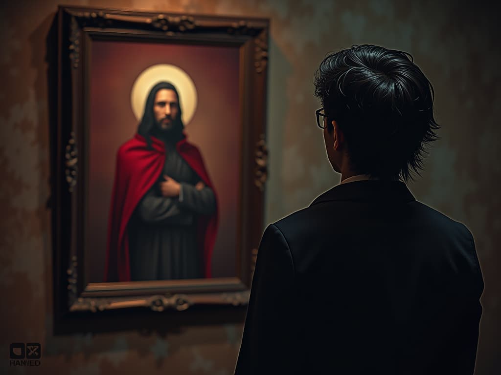  person in professional attire looking inspired, contemplating a picture of an admired figure, mood of motivation and change.. the style is dark fantasy and mysterious occult, symbolic, moody lighting, esoteric vibe,high detail on character design. for the color scheme emphasize blacks and reds.