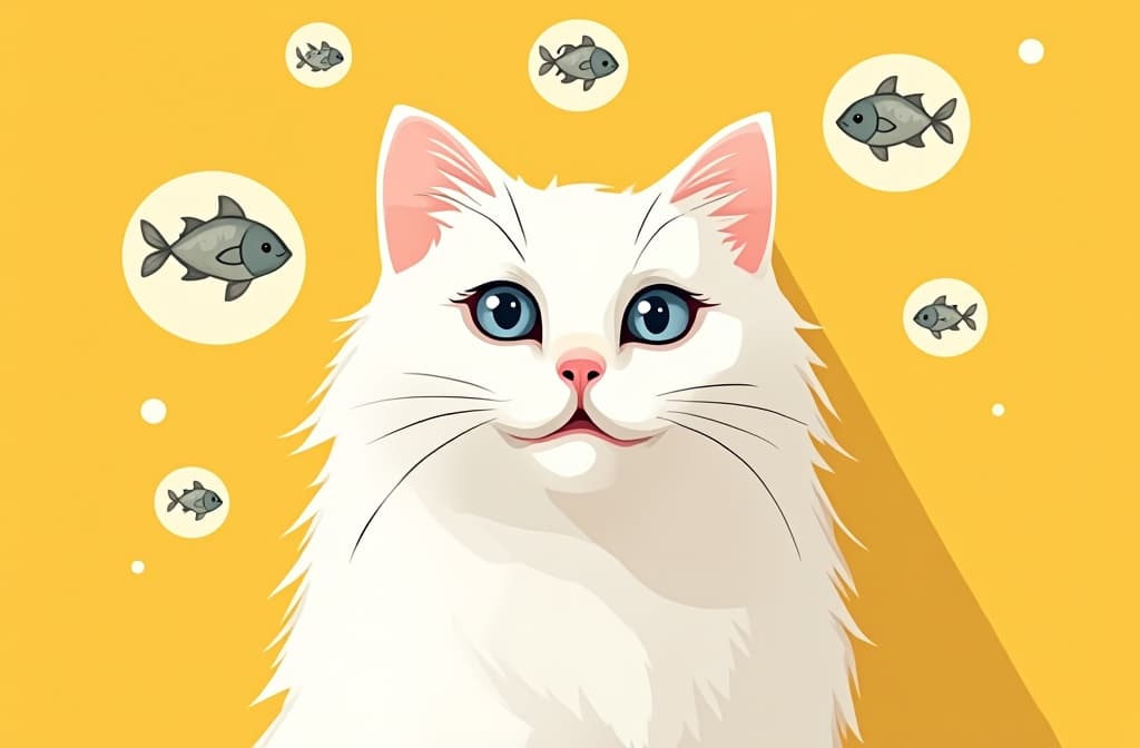  flat illustration, flaticon, (illustration:1.15), portrait fluffy white cat , smiling cat looking at camera, cartoon drawn circles with fishes inside circles flying around cat head, yellow pastel solid background ar 3:2, [cory loftis, strobist, pascal campion :: 0.2]