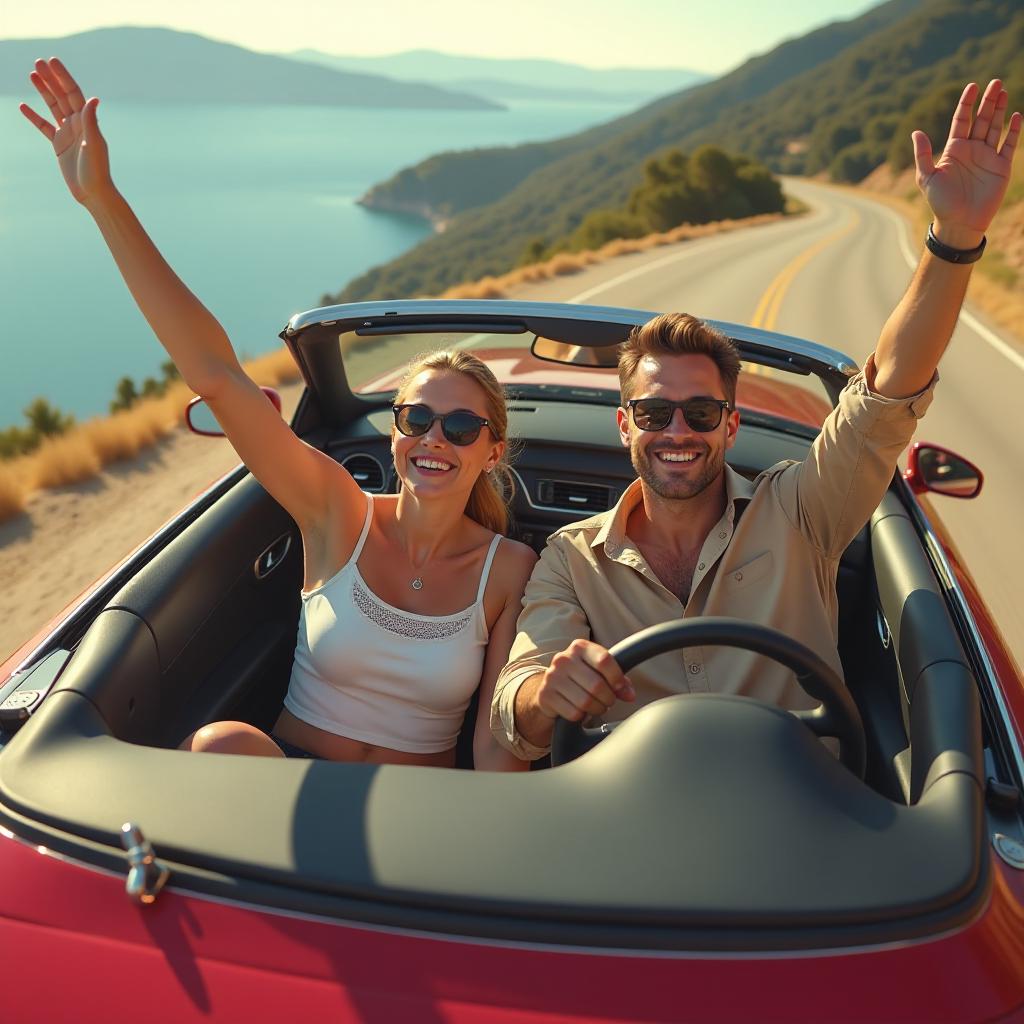  hyperrealistic art happy faces a guy and a girl of model appearance go on a high altitude serpentine in the convertible audi a5, she raised her hands up happy, he relaxedly holds his hands on the wheel, bright sunny weather, realistic, 120k, photorealism, professional photo, from a bird's eye view, bright light, contrast, view of speridi . extremely high resolution details, photographic, realism pushed to extreme, fine texture, incredibly lifelike