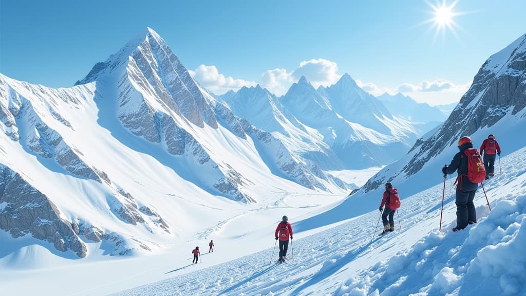  prompt: create a hyper realistic image capturing the high avalanche risk in the alps. show a dramatic snow covered mountain landscape with warning signs indicating danger. include expert teams monitoring the situation, tourists in ski gear, and logos of ski resorts, all under a clear blue sky. ensure microscopic detail in the snow texture, accurate depiction of climbing equipment, and vivid colors to highlight the beauty and danger of the alps.