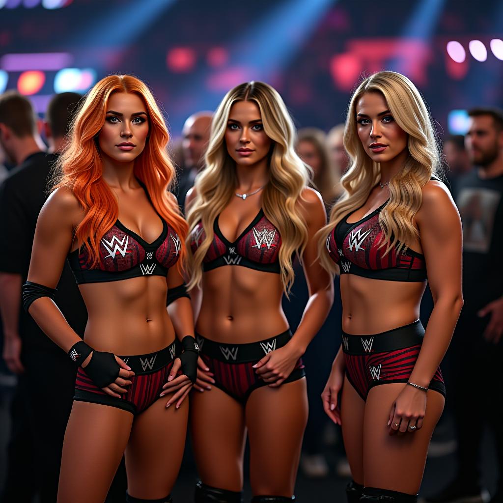  wwe superstars becky lynch with orange hair and alexa bliss with blonde and stephanie mcmahon with brunette hair in a shield attire, standing with hands in pockets,backstage at a wwe event , cinematic lighting, social realism