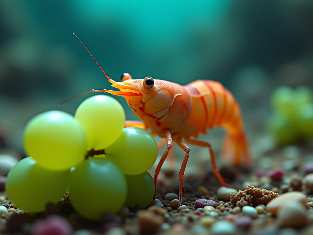  a colorless shrimp on the seabed smiles happily while eating big green grapes. cartoon style. colorful. fantastic. firooze hyperrealistic, full body, detailed clothing, highly detailed, cinematic lighting, stunningly beautiful, intricate, sharp focus, f/1. 8, 85mm, (centered image composition), (professionally color graded), ((bright soft diffused light)), volumetric fog, trending on instagram, trending on tumblr, HDR 4K, 8K