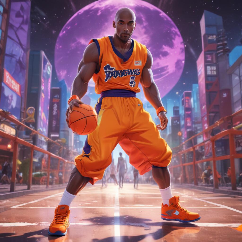 distance-shot, flashy, full-body, dynamic, holographic, animated cartoon poster of kobe scene in the style of dragon ball super