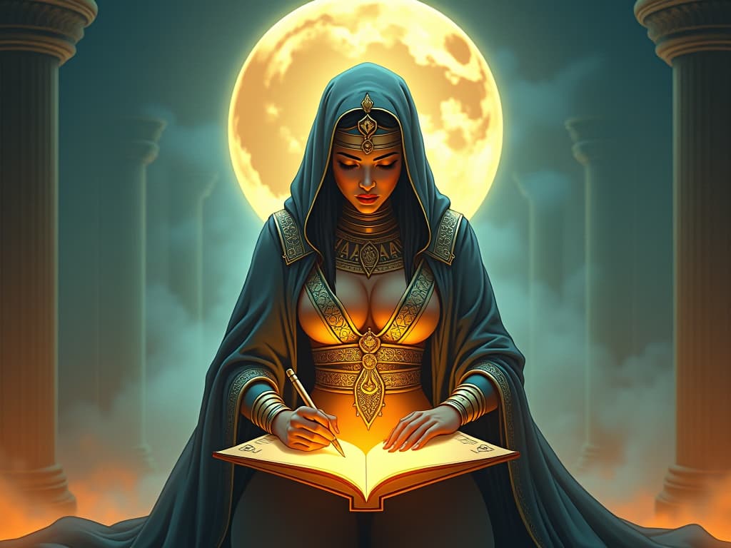  an ethereal figure, surrounded by layers of translucent realities, channeling insights, a large busted female scribe in tight robes writing on a glowing scroll, mood of illuminated clarity. the style is digital art illustration / modern comic book / mysterious occult, symbolic, esoteric vibe,high detail on character design, incorporating ancient egyptian symbology and attire.