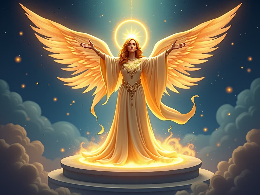  celestial speaker with radiant attire, standing on a glowing platform, ethereal light around, aura of powerful intention. the style is digital art illustration,highly detailed, whimsical,magical, dreamlike atmosphere, realism and fantasy blend, smooth, glossy textures,luminous quality, wonder and enchantment.