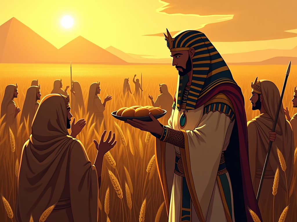  pharaoh sharing bread with peasants, golden wheat fields, warm sunlight, atmosphere of benevolence. the style is digital art illustration / modern comic book / mysterious occult, symbolic, esoteric vibe,high detail on character design, incorporating ancient egyptian symbology and attire.