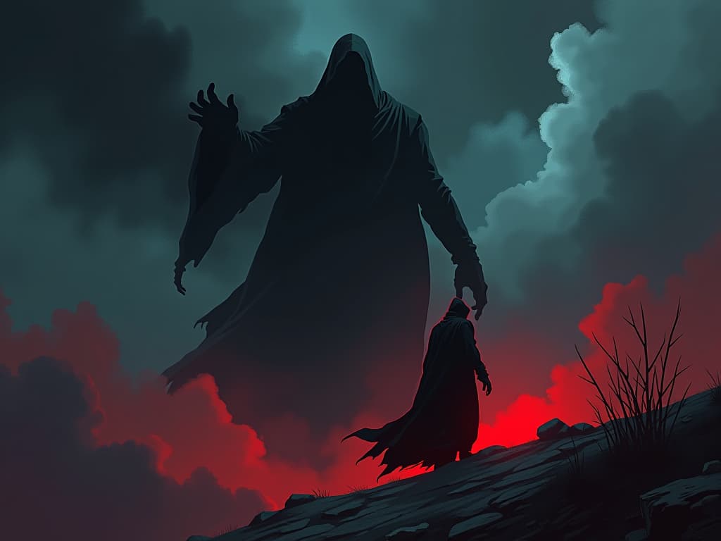  enormous shadowy hand pulling a cloaked figure back, struggle evident, dark cloudy background, atmosphere of resistance. the style is digital art illustration / modern comic book / graphic dark novel fantasy and mysterious occult, symbolic, moody lighting, esoteric vibe,high detail on character design. for the color scheme emphasize blacks and reds.