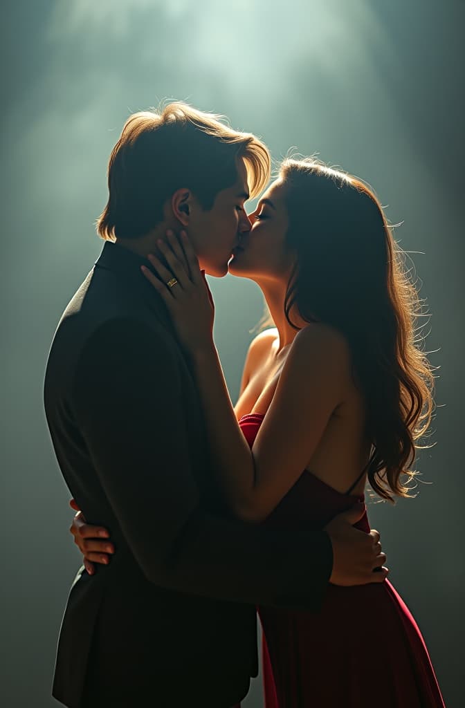  kiss hyperrealistic, full body, detailed clothing, highly detailed, cinematic lighting, stunningly beautiful, intricate, sharp focus, f/1. 8, 85mm, (centered image composition), (professionally color graded), ((bright soft diffused light)), volumetric fog, trending on instagram, trending on tumblr, HDR 4K, 8K