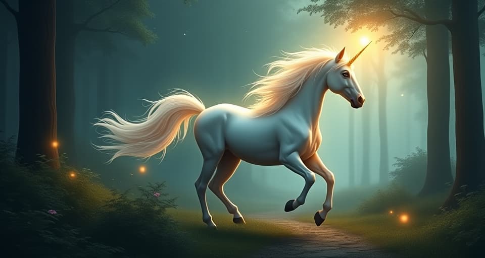  a celestial unicorn galloping through a mystical forest, its horn glowing with a light that dispels darkness. as it moves, hidden paths and secrets of the forest are illuminated, depicting the emergence of truth.. the style is digital art illustration,highly detailed, whimsical,magical, dreamlike atmosphere, realism and fantasy blend, smooth, glossy textures,luminous quality, wonder and enchantment.