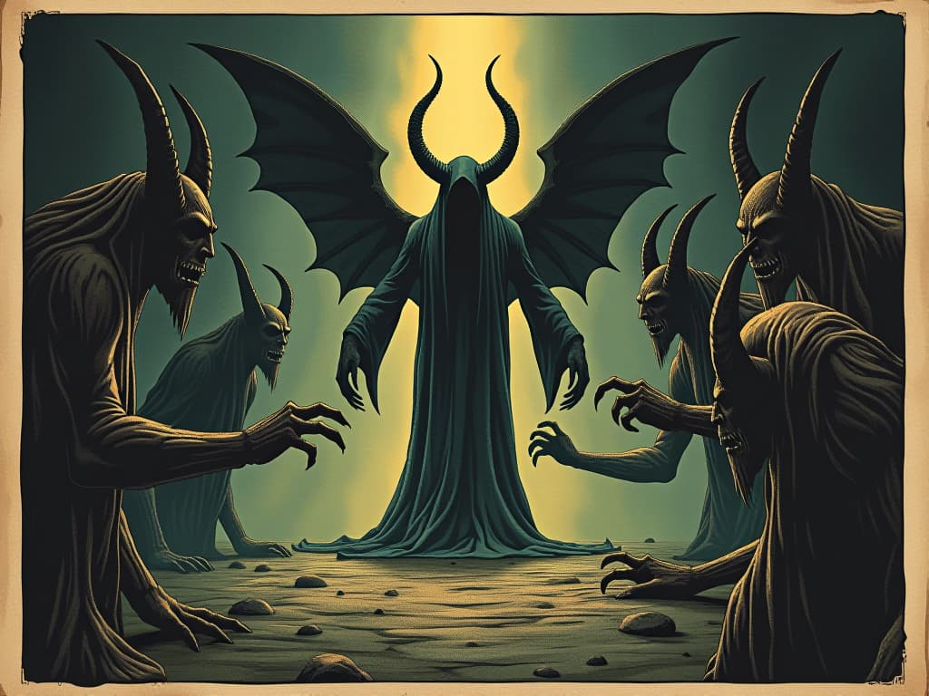  shadows creeping from the corners, horned demons emerging, surrounding a rising, glowing figure, the contrast of light and dark, ominous, threatening atmosphere. an illustration in the style of a worn, mystical old tarot trump card, mysterious and elements of surrealism. the colors are muted, somber and eerie, but with contrast bring out an occult and esoteric vibe.