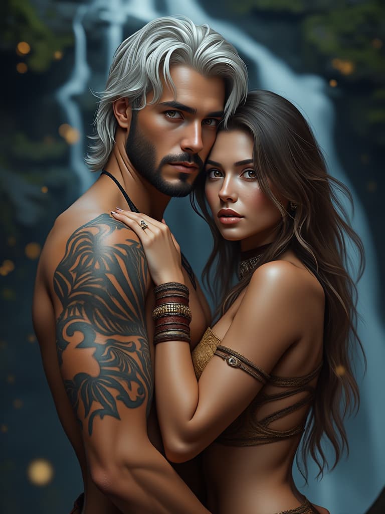  tribal style a very beautiful european 20 year, brown haired, gray eyes, sensual lips, a very handsome european guy 20 year, with medium length silver hair, golden eyes, sensual lips, toned physique, pale skin, he and she, hugs, pion, lovers, against the background of a waterfall in a fabulously beautiful place, night, fireflies, skin, hair, hugs, pion, , dynamic, in motion, man, woman, nswf . indigenous, ethnic, traditional patterns, bold, natural colors, highly detailed