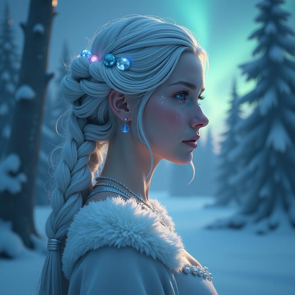  foreground: ice maiden head and shoulders portrait, hyperdetailed, intricately detailed, dynamic lighting, triadic colors, unreal engine 5 volumetric lighting, concept art style by greg rutkowski, artgerm, wlop, alphonse mucha. her skin glows with a soft ethereal light, and her hair is adorned with icy ornaments that shimmer under the light. background: frosty, mystical forest with glowing ice crystals, misty atmosphere, subtle aurora borealis, and ancient, gnarled trees. the trees are wrapped in frosty vines and glow softly from within, while the mist swirls around their bases. the sky above is a deep blue with hints of green and purple from the aurora borealis.