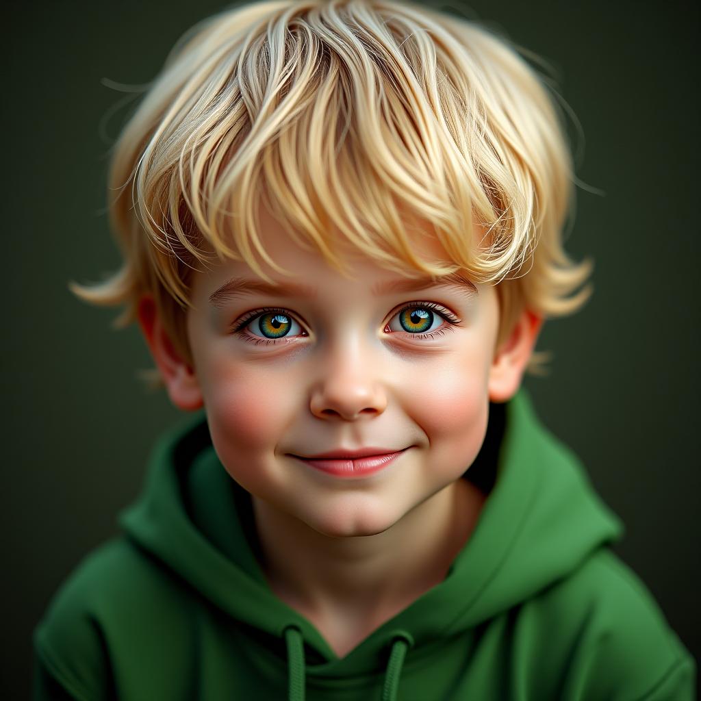  make an image of a little boy with blonde hair and green eyes wearing green