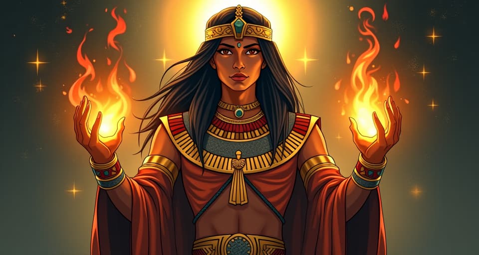  glow from hands intensifying, truths becoming bolder, radiance growing. the style is digital art illustration / modern comic book / mysterious occult, symbolic, esoteric vibe,high detail on character design, incorporating ancient egyptian symbology and attire.