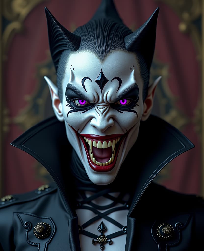  gothic style lycanthrope grinning angrily, small fangs, pale skin, purple cat eyes, geometric shapes, bold colors, luxurious, elegant, decorative, symmetrical, ornate, detailed . dark, mysterious, haunting, dramatic, ornate, detailed hyperrealistic, full body, detailed clothing, highly detailed, cinematic lighting, stunningly beautiful, intricate, sharp focus, f/1. 8, 85mm, (centered image composition), (professionally color graded), ((bright soft diffused light)), volumetric fog, trending on instagram, trending on tumblr, HDR 4K, 8K