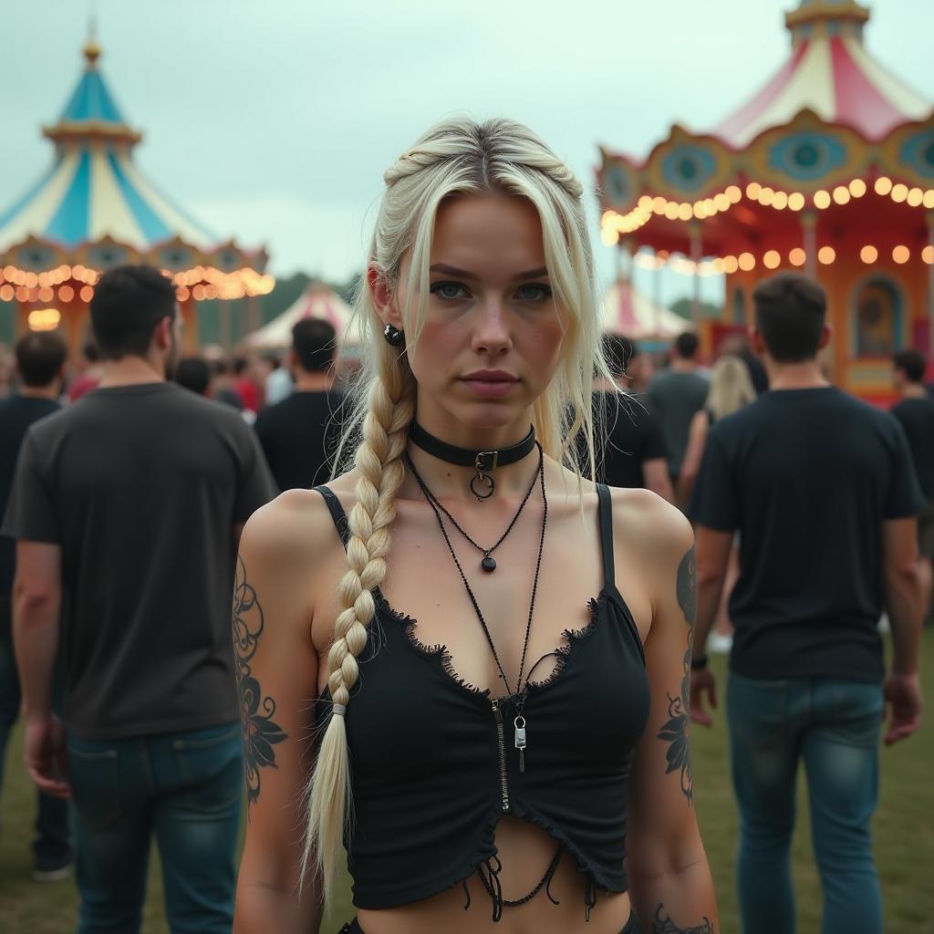  a digital video still of a goth punk girl with long blonde braided hair, subtle tattoos, and torn clothing in a colourful fairground park, surrounded by men, in low natural light, and after rain.