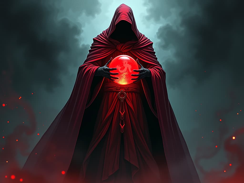  sorcerer in red robes, standing amid swirling mist, reflections of regret and acknowledgment in glowing crystal ball, sense of painful realization. the style is digital art illustration / modern comic book / graphic dark novel fantasy and mysterious occult, symbolic, moody lighting, esoteric vibe,high detail on character design. for the color scheme emphasize blacks and reds.