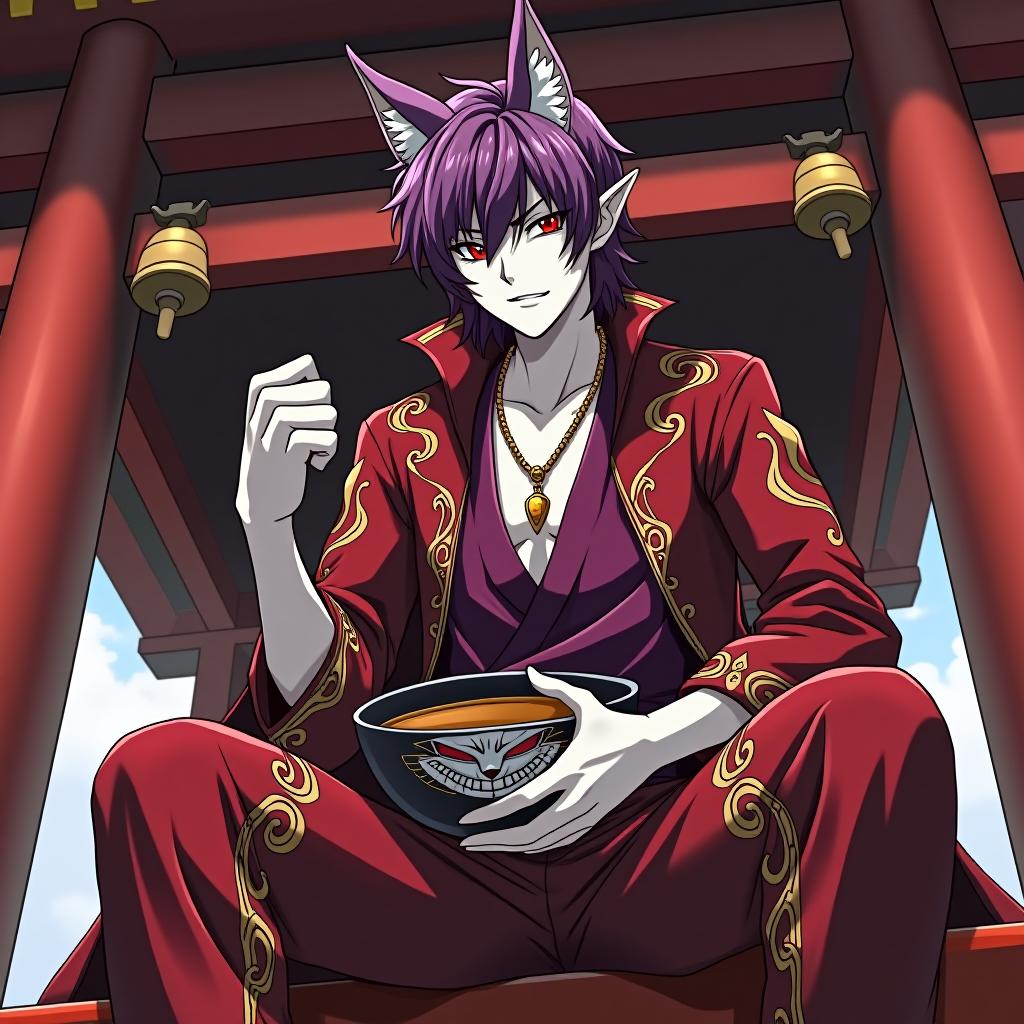  manga style ringo sits on the upper beam of the high red gate theories, on which thin ropes hang bells in front of the shinto temple in ringo's left hand, the wide bowl of sake to the edges filled with alcohol, ringo pirate is depicted in full growth a young mature dark male elf with marble white skin, purple scarlet hair, ringo wears a disheveled hairstyle of medium length, pointed ear tips, lavender red eyes, wears a burgundy shirt with gold embroidery, in addition, he wears a dark red snake skin jacket with silver embroidery in the form of flames on the legs of the trousers also from a snake skin with a medium size silver skin. around his neck is a gold chain with a medium sized gold medallion. the medallion depicts a fox grinning spi