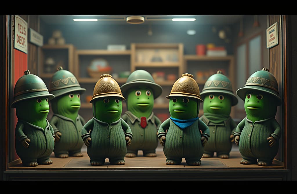  the storefront of a business that sells small hats for pickles. the front window has a display of green pickles lined up wearing a variety of different hats and helmets. hyperrealistic, full body, detailed clothing, highly detailed, cinematic lighting, stunningly beautiful, intricate, sharp focus, f/1. 8, 85mm, (centered image composition), (professionally color graded), ((bright soft diffused light)), volumetric fog, trending on instagram, trending on tumblr, HDR 4K, 8K