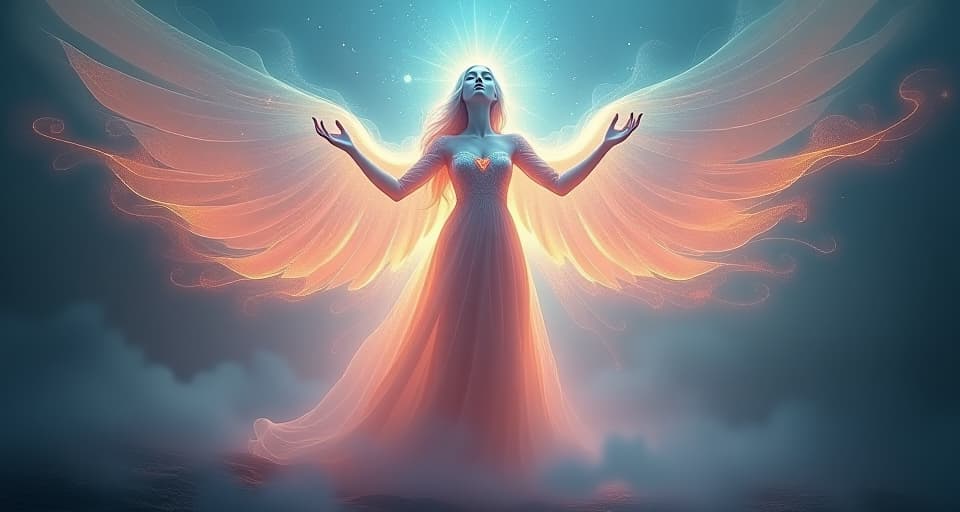  an ethereal divine barrier enveloping a serene figure. glowing light, shimmering aura, sense of powerful protection.. the style is digital art illustration,highly detailed, whimsical,magical, dreamlike atmosphere, realism and fantasy blend, smooth, glossy textures,luminous quality, wonder and enchantment.