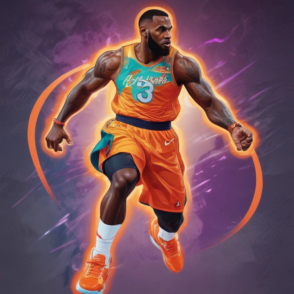 distance-shot, flashy, full-body, dynamic, holographic, animated cartoon poster of lebron james in the style of dragon ball super