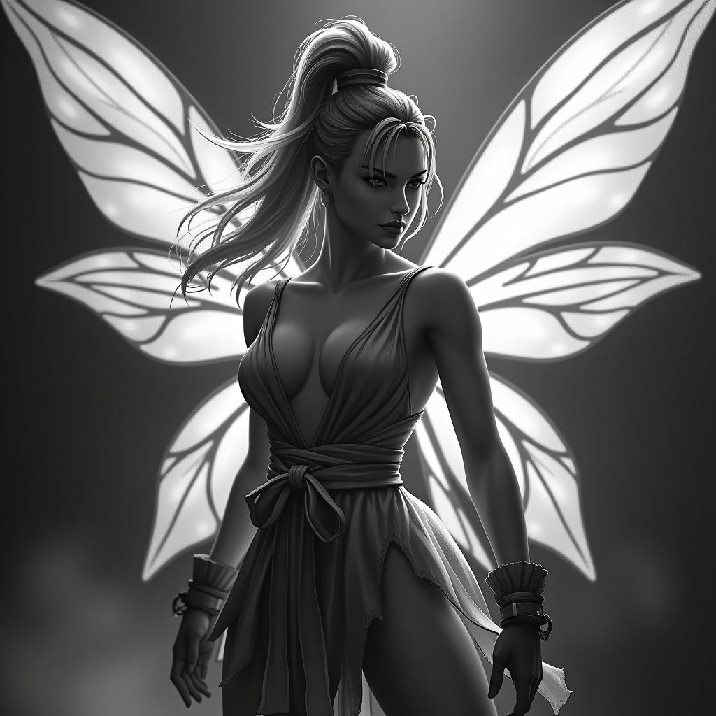  street fighter style black and white contour of fairy fairy, full growth . vibrant, dynamic, arcade, 2d fighting game, highly detailed, reminiscent of street fighter series hyperrealistic, full body, detailed clothing, highly detailed, cinematic lighting, stunningly beautiful, intricate, sharp focus, f/1. 8, 85mm, (centered image composition), (professionally color graded), ((bright soft diffused light)), volumetric fog, trending on instagram, trending on tumblr, HDR 4K, 8K