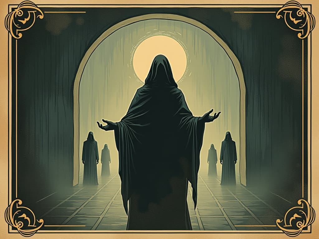  central figure behind an invisible wall, figures on the other side distanced, ethereal boundary, dichotomy of separation. an illustration in the style of a worn, mystical old tarot trump card, mysterious and elements of surrealism. the colors are muted, somber and eerie, but with contrast bring out an occult and esoteric vibe.