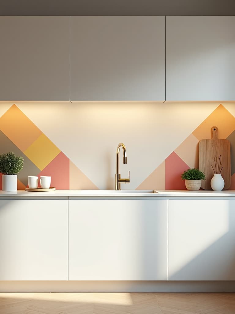  high quality portrait photo of a minimalist kitchen with sleek cabinets and a playful geometric wall decal in pastel colors, creating an abstract pattern above the sink area hyperrealistic, full body, detailed clothing, highly detailed, cinematic lighting, stunningly beautiful, intricate, sharp focus, f/1. 8, 85mm, (centered image composition), (professionally color graded), ((bright soft diffused light)), volumetric fog, trending on instagram, trending on tumblr, HDR 4K, 8K