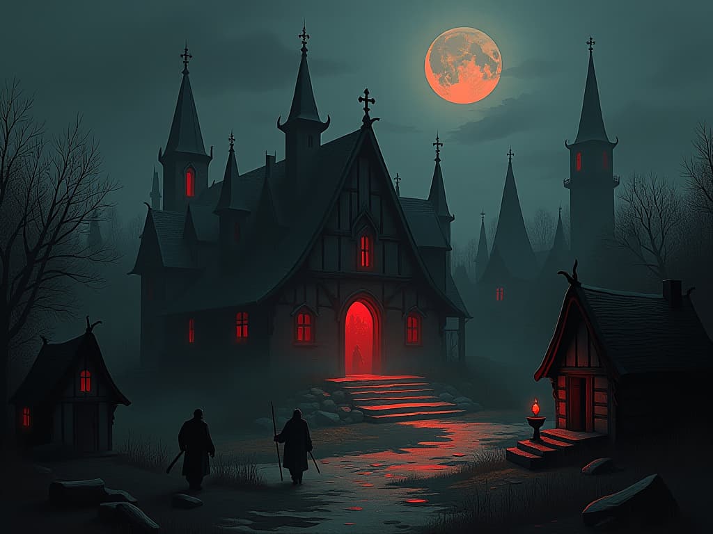  a once desecrated village being rebuilt, villagers working together, sense of community, restoration.. the style is dark fantasy and mysterious occult, symbolic, moody lighting, esoteric vibe,high detail on character design. for the color scheme emphasize blacks and reds.