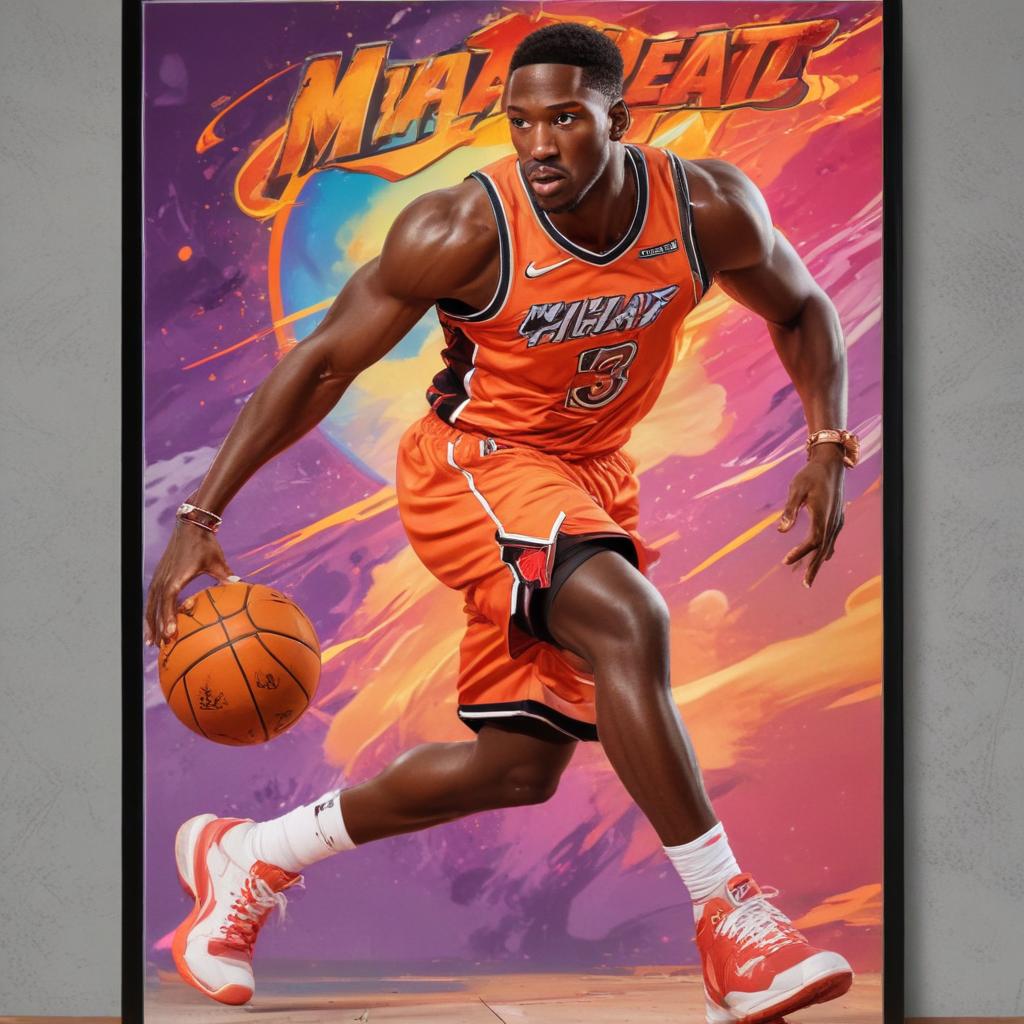 distance-shot, flashy, full-body, dynamic, holographic, animated cartoon poster of miami heat player bam adebayo in the style of dragon ball super