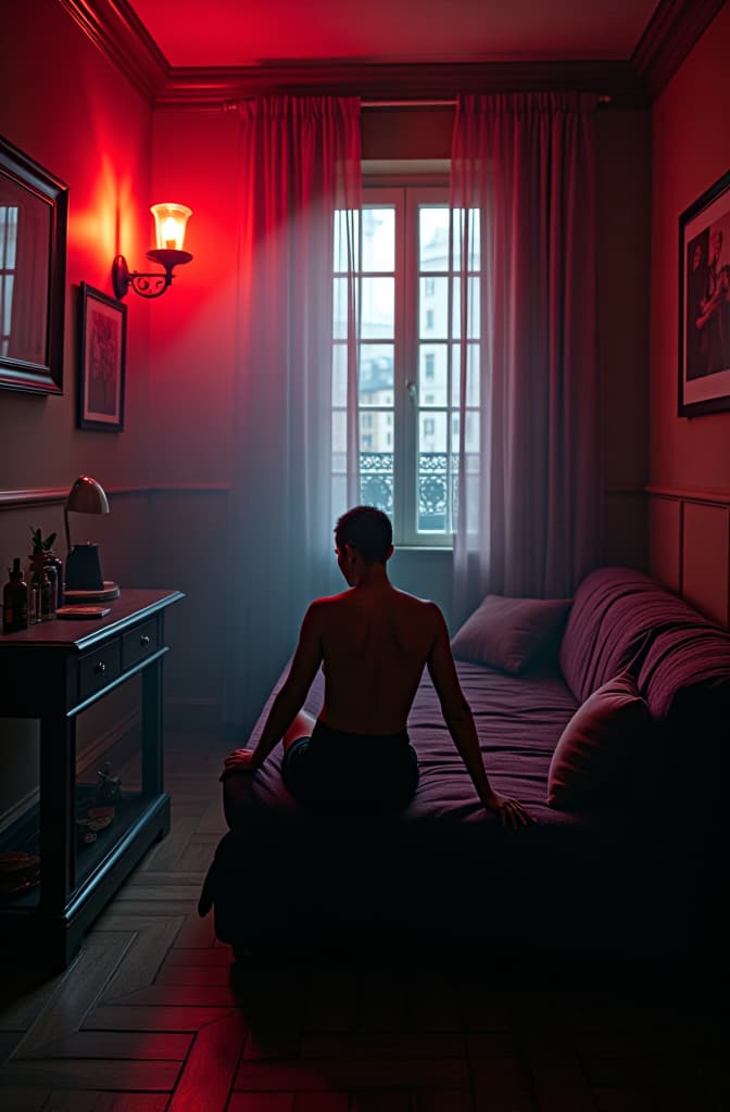  room in the red light district hyperrealistic, full body, detailed clothing, highly detailed, cinematic lighting, stunningly beautiful, intricate, sharp focus, f/1. 8, 85mm, (centered image composition), (professionally color graded), ((bright soft diffused light)), volumetric fog, trending on instagram, trending on tumblr, HDR 4K, 8K