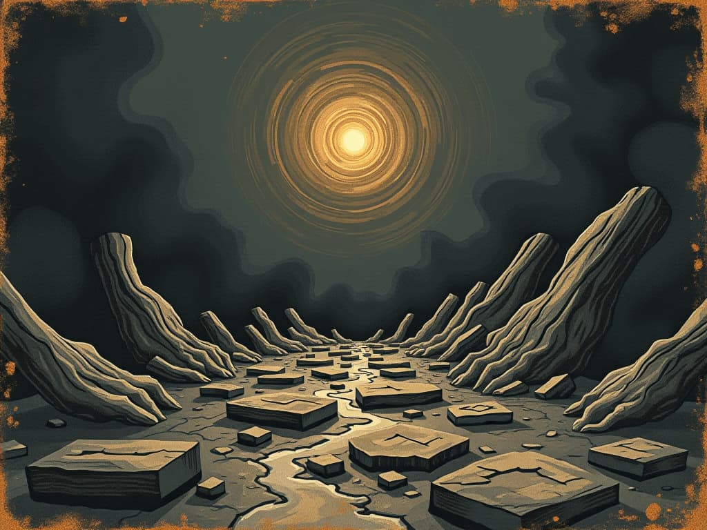  ground beneath feet, fracturing and shifting, reality warping effect, abstract, dynamic, vortex like swirls, somber, disorienting. an illustration in the style of a worn, mystical old tarot trump card, mysterious and elements of surrealism. the colors are muted, somber and eerie, but with contrast bring out an occult and esoteric vibe.