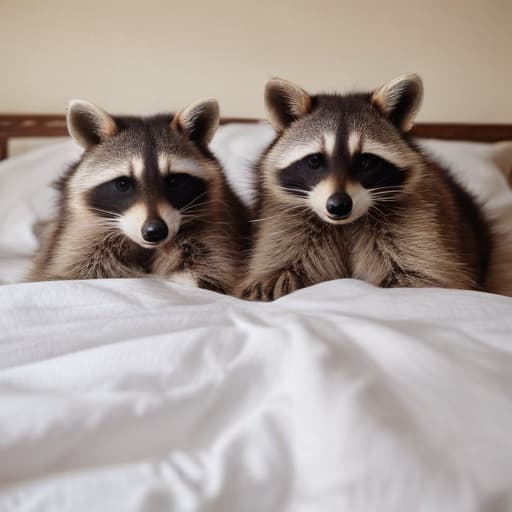 Two loved up raccoons in a bed room