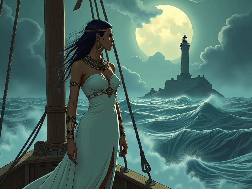  young large busted priestess in a form fitting white dress, standing on the prow of a ship, lighthouse in the background, stormy seas all around, symbolizing guidance from a young age. the style is digital art illustration / modern comic book / mysterious occult, symbolic, esoteric vibe,high detail on character design, incorporating ancient egyptian symbology and attire.