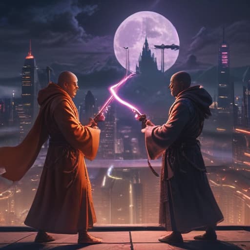 In a futuristic cyberpunk cityscape, two powerful monks stand face to face on a neon-lit rooftop. One monk, adorned in traditional robes and wielding a glowing staff, emanates a soft light. The other monk, in high-tech armor with glowing energy blades, exudes a fierce aura. The clash of ancient mysticism and cutting-edge technology is palpable in the air as they prepare for an epic battle under the shimmering moonlight. fantastical creatures or characters inspired by mythology, folklore, or popular culture. use vibrant colors, sharp lines, intricate details, dynamic poses, dramatic lighting, atmospheric backgrounds, and blend anime, manga, and Western comic influences.