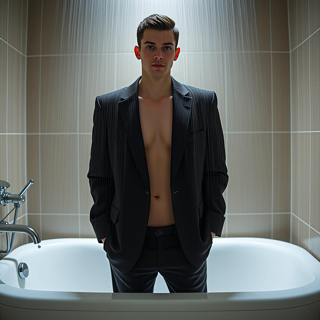  a in and an oversized blazer stands in the tub and is being rained on from the shower.