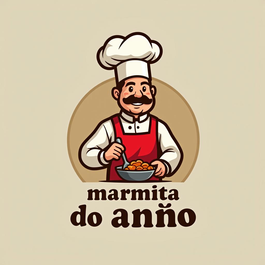  design a logo, um homem com nanismo vestido de chefe de cozinha segurando uma marmita de comida, with the text 'marmita do anão'.