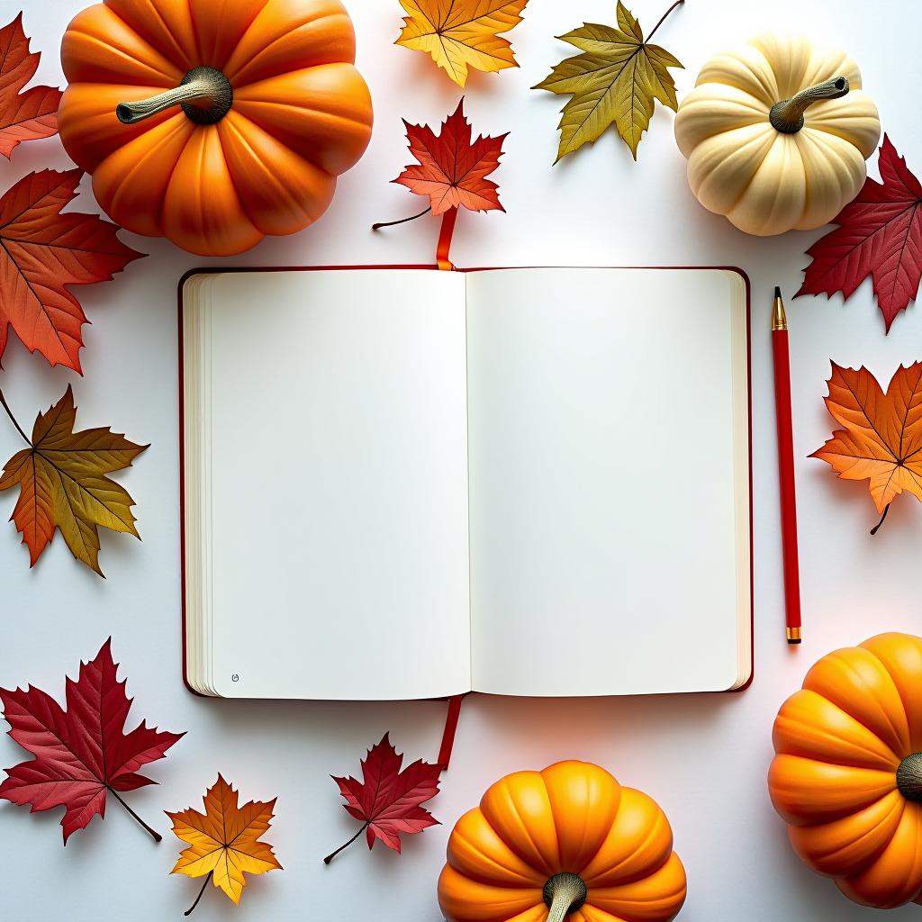  a white table with autumn decor and an open notebook.