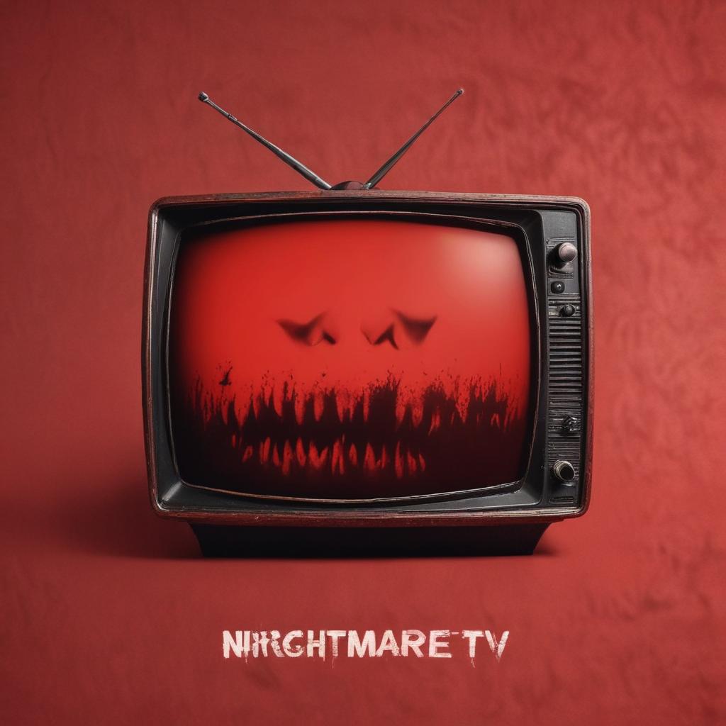 Profile photo of a horror channel with the name “ Nightmare TV “ Red background No character Retro style