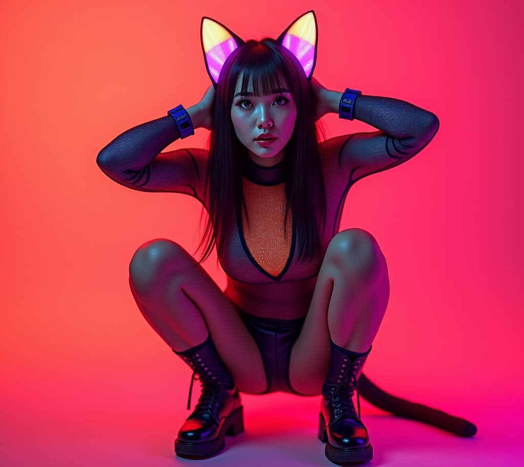  a photo realistic 40 asian cosplaying as a cat , squatting with her hands behind her head and looking ly and her outfit is vint and eye catching. her body captures her beauty and the lively colors of her clothing, making it an interesting and visually appealing piece of art. beautiful perfect eyes, perky big s, a korean goddess, geometric shapes, bold colors, dynamic composition,beautiful perfect eyes, perky s, a korean goddess . cyberpunk, vaporwave, neon, vibes, vint, stunningly beautiful, crisp, detailed, sleek, ultramodern, magenta highlights, dark purple shadows, high contrast, cinematic, ultra detailed, intricate, professional, (masterpiece), (best quality), (ultra detailed), she is a cat , 