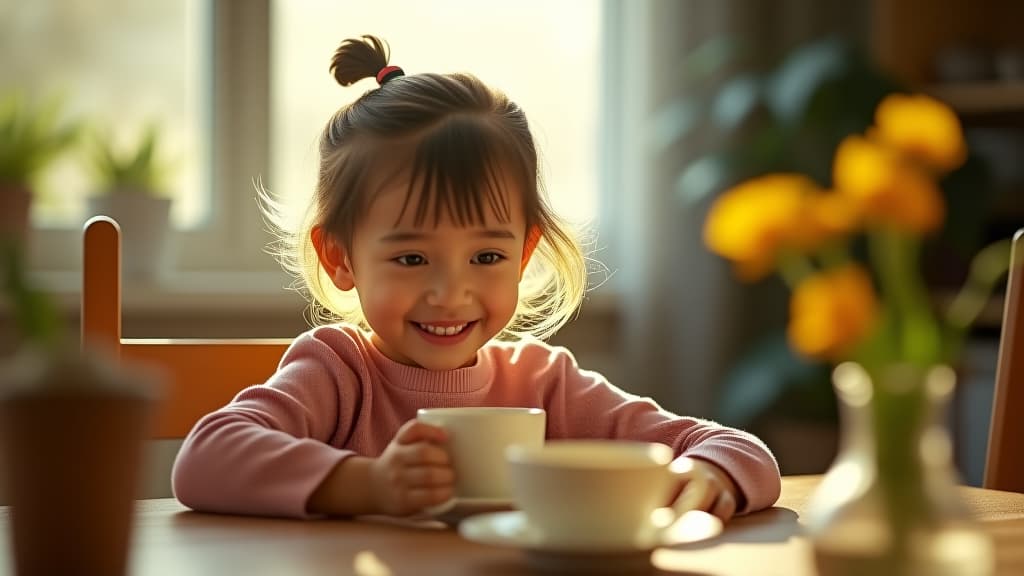  scenes about health and fitness, a cheerful child drinking chamomile tea at the dinner table, depicting family wellness traditions. hyperrealistic, full body, detailed clothing, highly detailed, cinematic lighting, stunningly beautiful, intricate, sharp focus, f/1. 8, 85mm, (centered image composition), (professionally color graded), ((bright soft diffused light)), volumetric fog, trending on instagram, trending on tumblr, HDR 4K, 8K