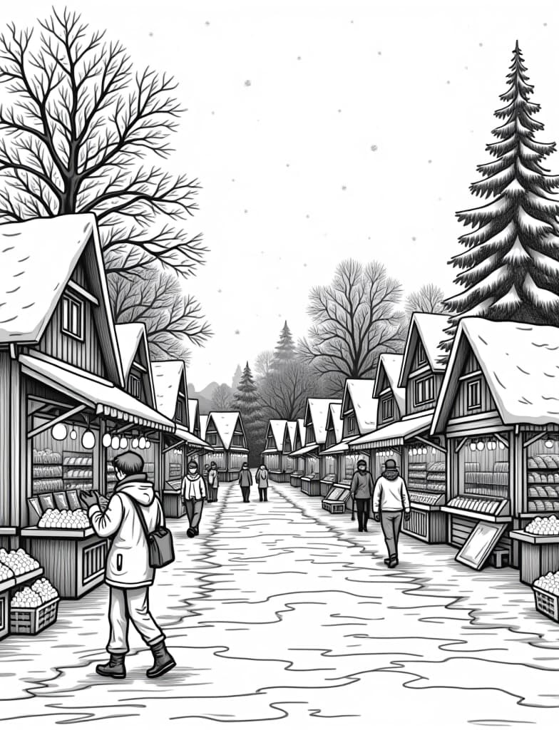  this is for an adult coloring page. a detailed black and white line art of a snowy snowy village market with people selling winter goods on a solid white background.