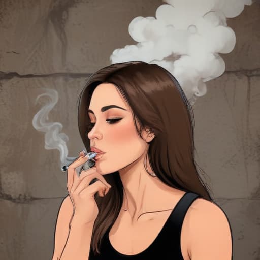 Beautiful woman with straight hair smoking cigarette and exhaling the smoke in Cartoon style with Old Wall background