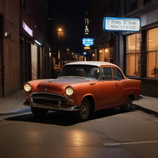 A photo of a vintage car with a cracked windshield parked in a dimly lit urban alley at dusk, illuminated by the glow of flickering street lights and a distant neon sign.