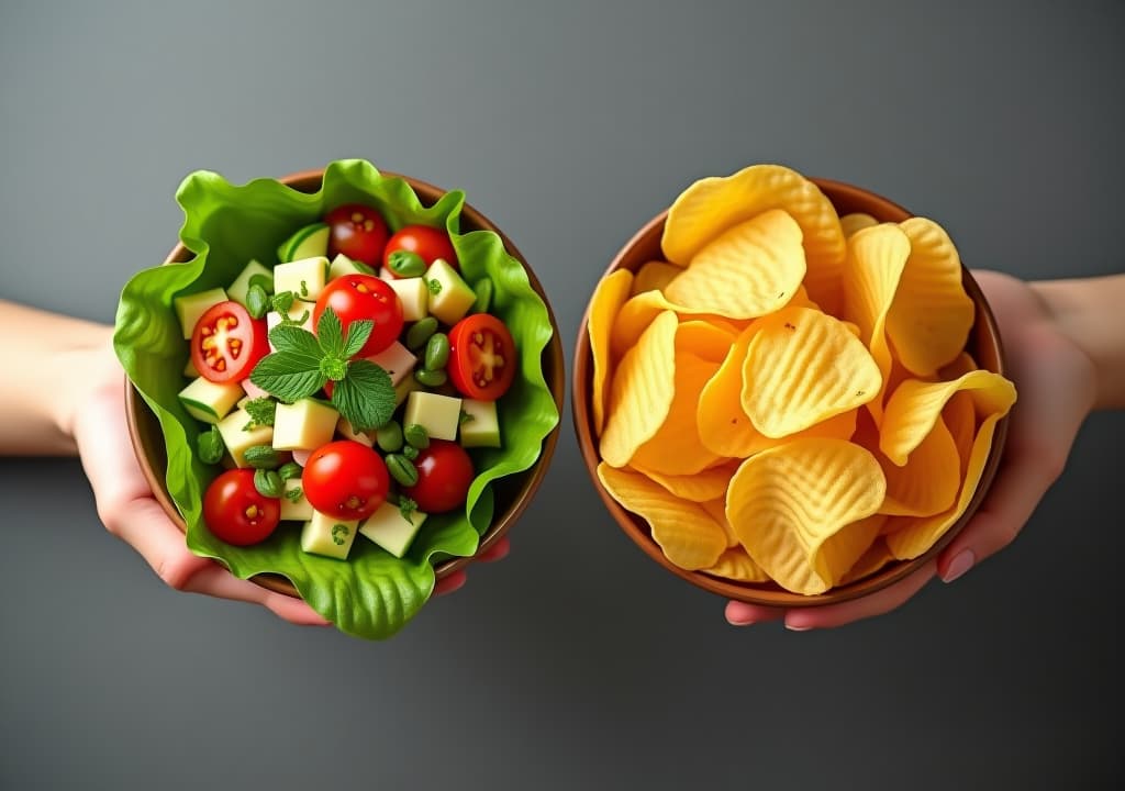  one hand holding bowl of vegetable salad, other holding chips. healthy natural organic fresh vegetarian food vs unhealthy processed fast junk food. lunch or snack decision