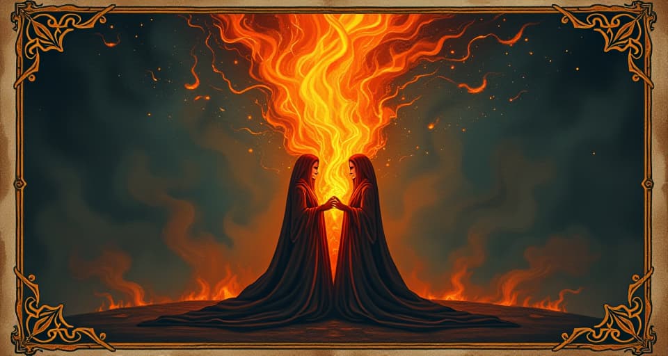  fiery core within a person, divine purpose, burning brightly, spirit aflame, resilient, steadfast. an illustration in the style of a worn, mystical old tarot trump card, mysterious and elements of surrealism. the colors are muted, somber and eerie, but with contrast bring out an occult and esoteric vibe.